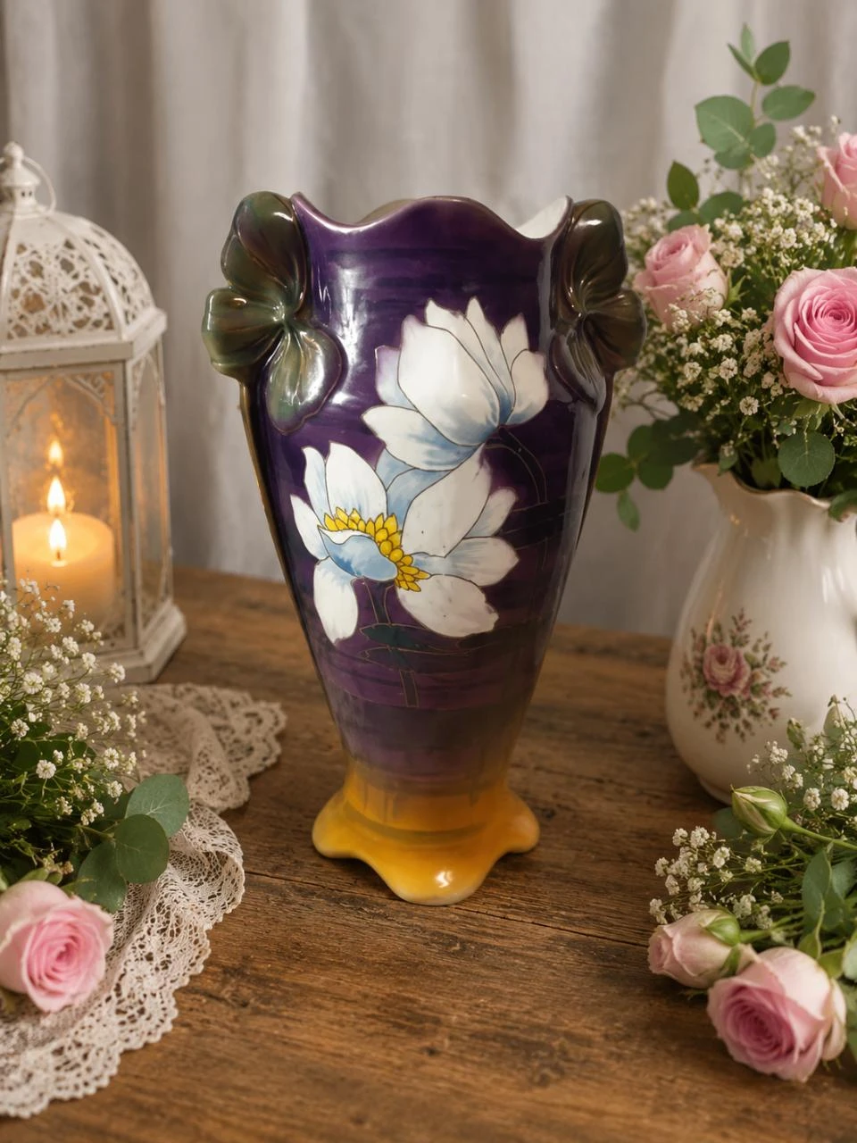 Vase Lunéville en porcelaine – Violet & Jaune – 32 cm – Excellent état